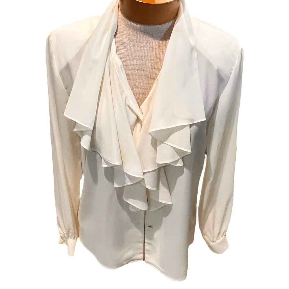 Vintage Size 8/S/M? Petite Sophisticate Womens Ruffled Blouse Ivory Long Sleeve - Picture 2 of 9